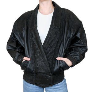 Vintage 70s Weiss Furs Black Leather Snakeskin Bomber Jacket